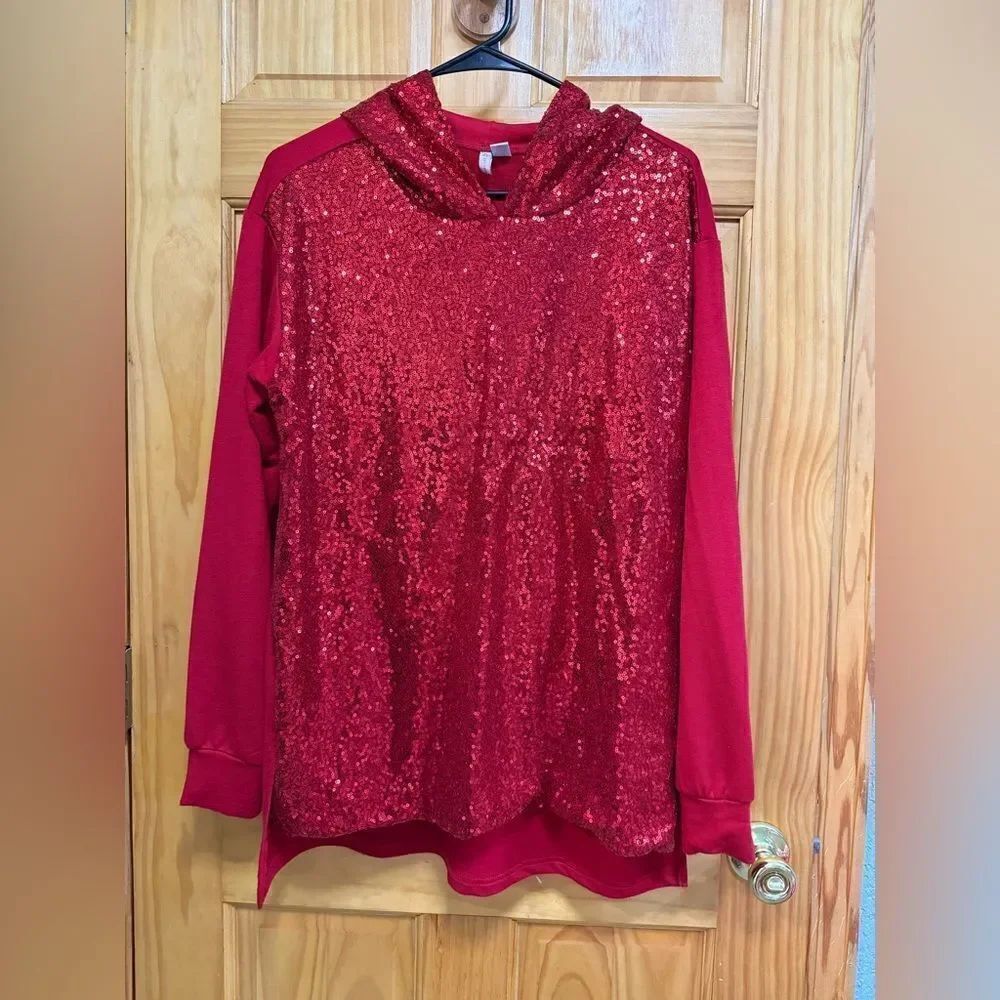 CATO size L red sequin embellished hoodie